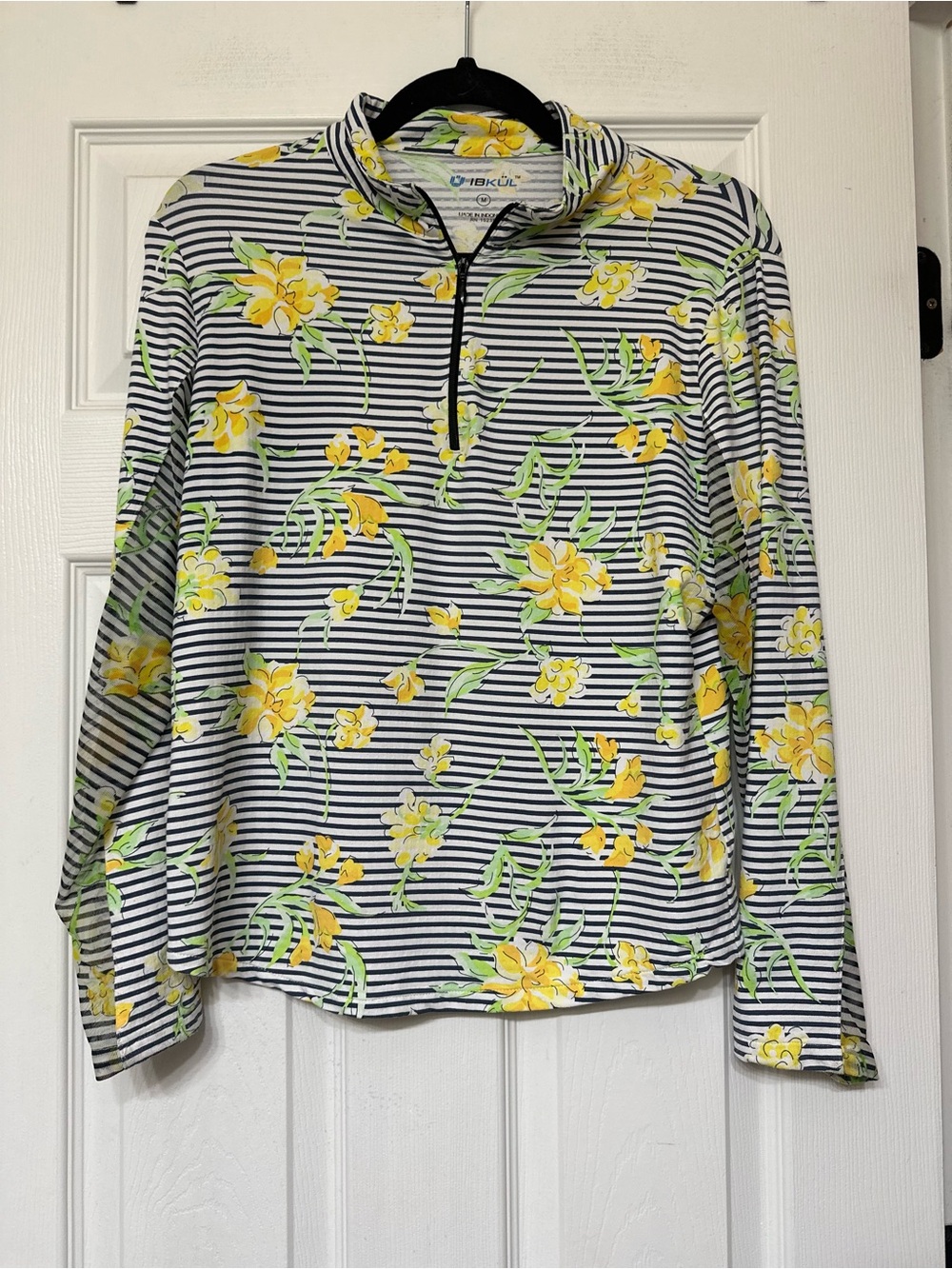 IBKUL Yellow Floral Stripe Long Sleeve Quarter-Zip Pullover